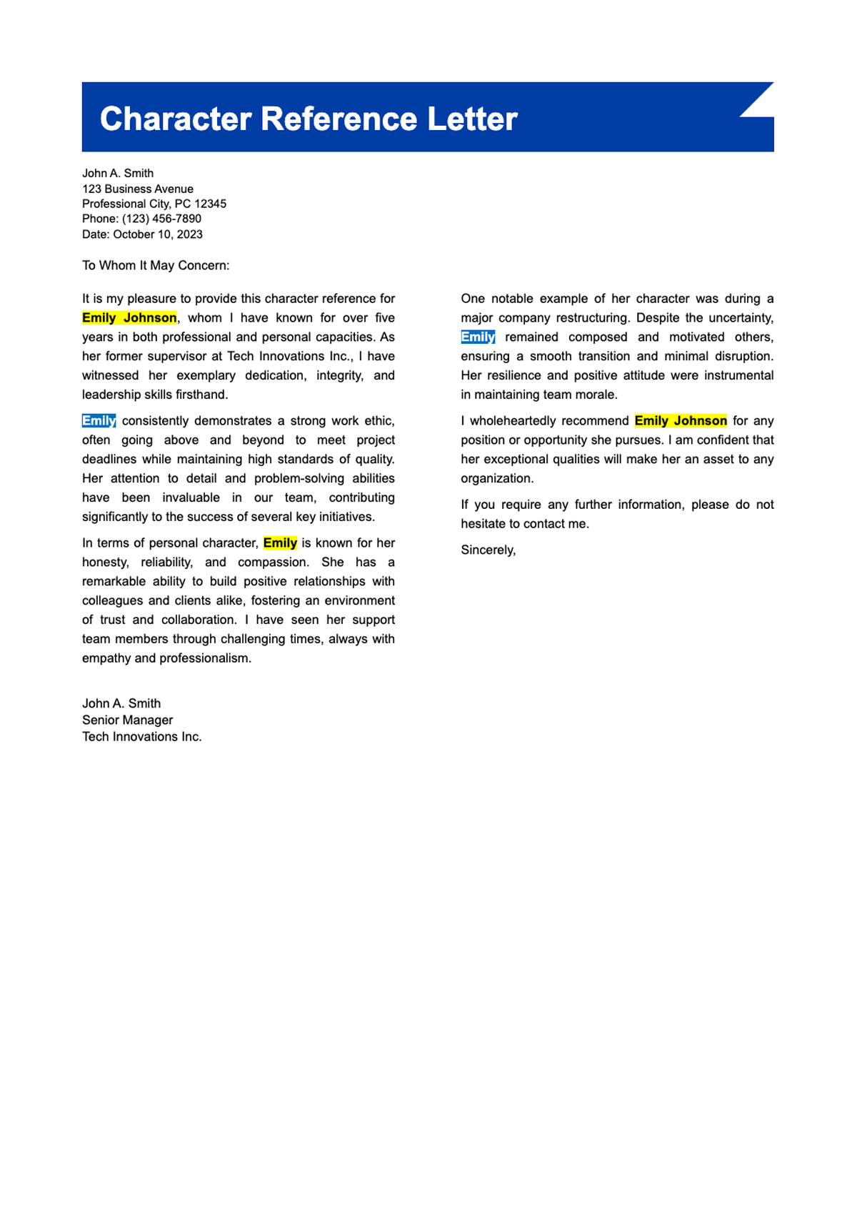 Professional character reference letter template with blue header and placeholder text_variant_2